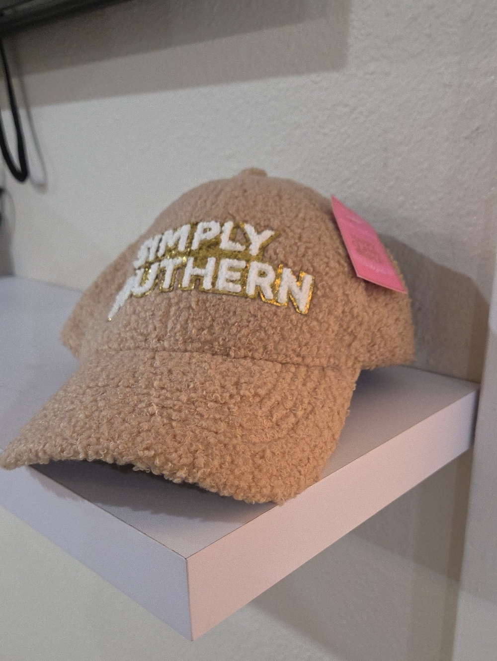 Simply Southern Tan Sherpa Kids Cap with White & Gold Embroidery